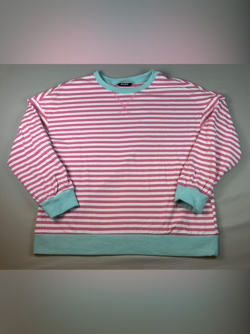Women’s Oversized Sweatshirt Crew Neck Striped Pink White Mint Accents